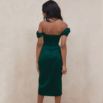 Smaragdgrünes, Glänzendes, Trägerloses, Drapiertes Midi-Cocktailkleid Aus Satin