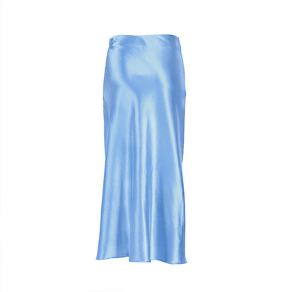 Glänzender Midirock Aus Satin Mit Hoher Taille – Blau, Seitlicher Reißverschluss Und Fischschwanzdetail