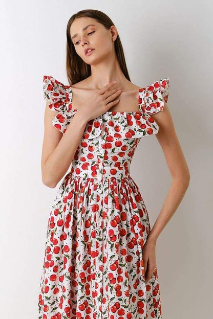 Midikleid Mit Dünnen Trägern Und Kirschmuster