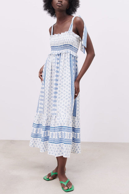 Gestreiftes Midikleid Mit Botanischem Blumenmuster