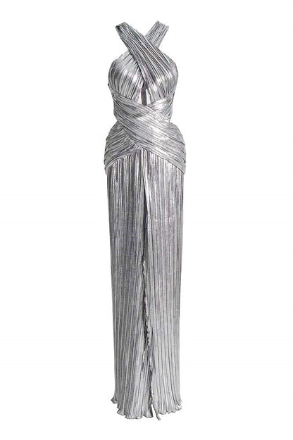 Metallic-Maxikleid Mit Überkreuztem Neckholder