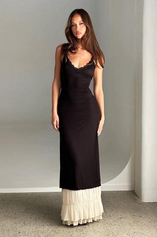 Maxikleid Mit V-Ausschnitt Und Spitzendetail