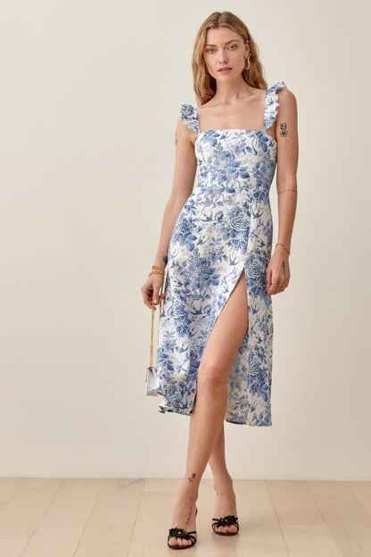 Bedrucktes Midikleid Mit Rüschenträgern Und Schlitz