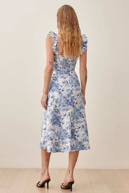 Bedrucktes Midikleid Mit Rüschenträgern Und Schlitz