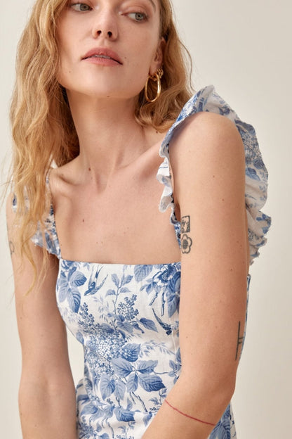 Bedrucktes Midikleid Mit Rüschenträgern Und Schlitz