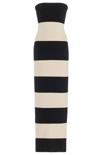 Trägerloses Gestreiftes Midi-Strickkleid