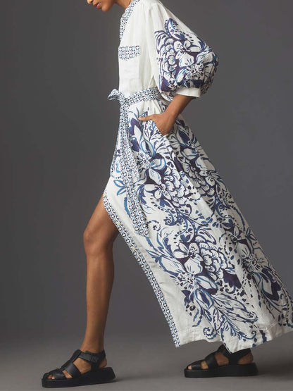 Geknöpftes Langarm-Hemdkleid Aus Leinen