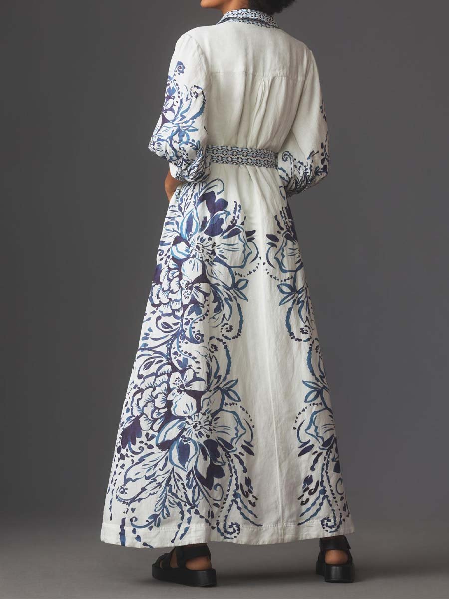 Geknöpftes Langarm-Hemdkleid Aus Leinen