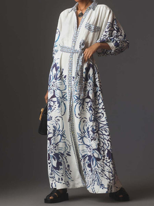 Geknöpftes Langarm-Hemdkleid Aus Leinen
