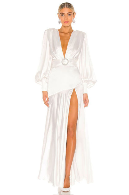 Maxikleid Mit V-Ausschnitt, Gürtel Und Schlitz