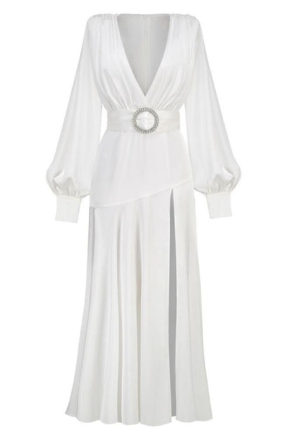 Maxikleid Mit V-Ausschnitt, Gürtel Und Schlitz