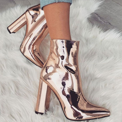 Stiefeletten Mit Seitlicher, Dicker Ferse Und Goldener Metallic-Spitze – Reißverschluss