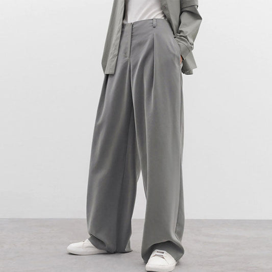 Minimalistische, Einfarbige Hose Mit Hoher Taille Und Weitem Bein – Grau, Faltenrand Und Tasche