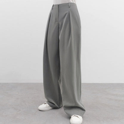 Minimalistische, Einfarbige Hose Mit Hoher Taille Und Weitem Bein – Grau, Faltenrand Und Tasche