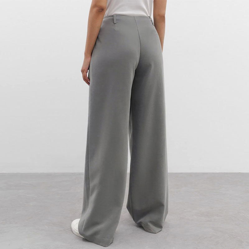 Minimalistische, Einfarbige Hose Mit Hoher Taille Und Weitem Bein – Grau, Faltenrand Und Tasche