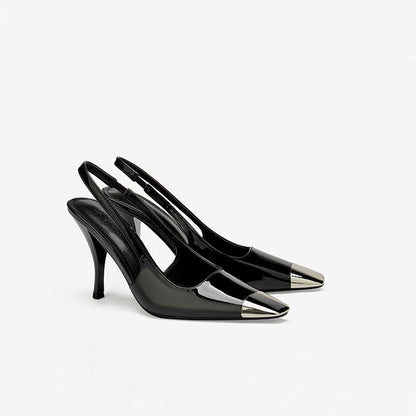 Stilvolle Slingback-High-Heels Aus Lackleder Mit Quadratischer Zehenpartie Aus Metall - Schwarz