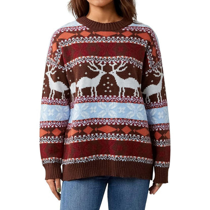 Gemusterter Oversize Weihnachtspullover - Braun Rundhals