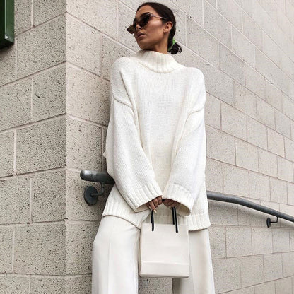 Oversize-Pullover Mit Hohem Kragen Und Gerippten Ärmeln Und Schulterfreiem Schnitt - Weiß