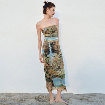 Trägerloses Midikleid Aus Crinkle-Mesh Mit Muster - Grün