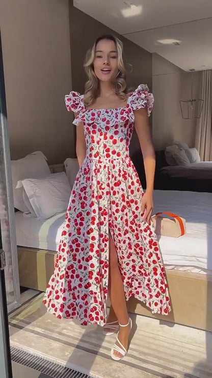 Midikleid Mit Dünnen Trägern Und Kirschmuster