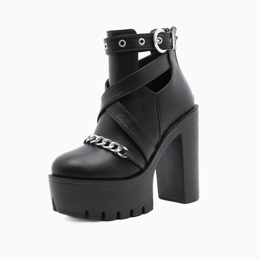 Schwarze, Niedrig Geschnittene Plateaustiefel Mit Kettendetail İm Punk-Stil Für Damen Mit Dickem Absatz