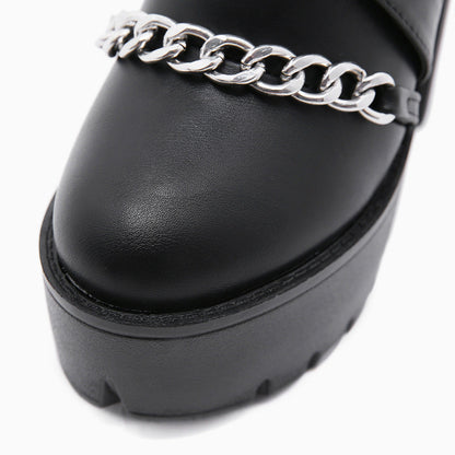 Schwarze, Niedrig Geschnittene Plateaustiefel Mit Kettendetail İm Punk-Stil Für Damen Mit Dickem Absatz