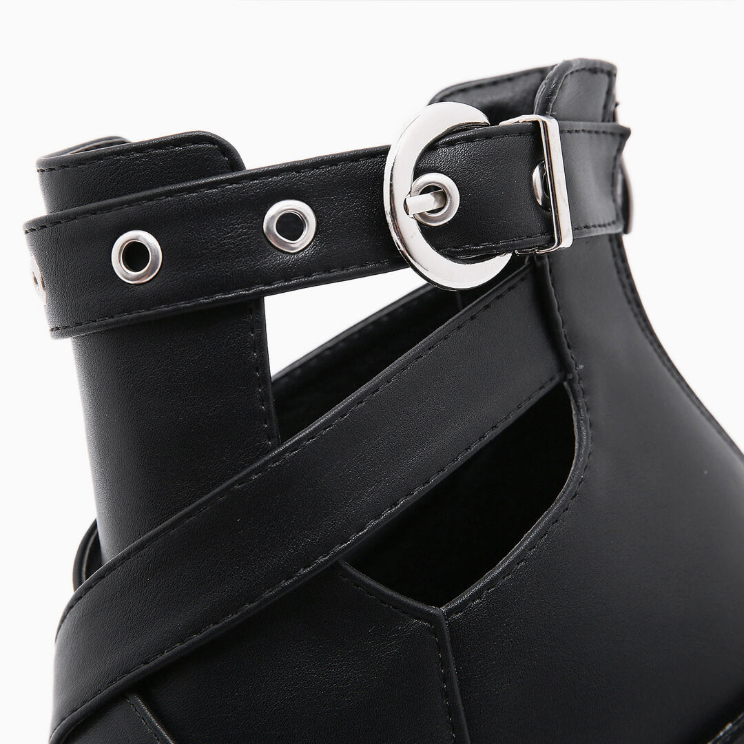 Schwarze, Niedrig Geschnittene Plateaustiefel Mit Kettendetail İm Punk-Stil Für Damen Mit Dickem Absatz
