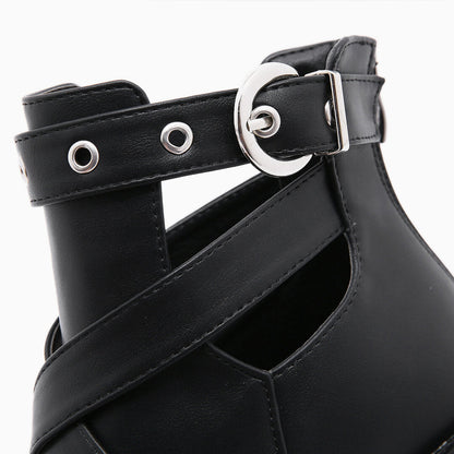 Schwarze, Niedrig Geschnittene Plateaustiefel Mit Kettendetail İm Punk-Stil Für Damen Mit Dickem Absatz