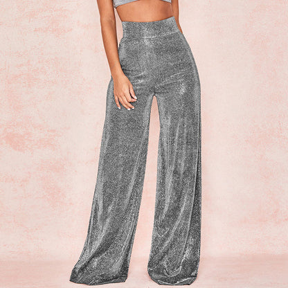 Retro Glänzende High Waist Lässige Hose Mit Weitem Bein Und Reißverschluss - Schwarz