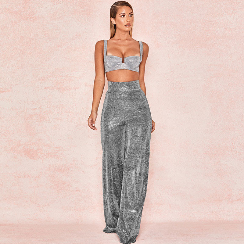 Retro Glänzende High Waist Lässige Hose Mit Weitem Bein Und Reißverschluss - Schwarz