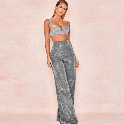 Retro Glänzende High Waist Lässige Hose Mit Weitem Bein Und Reißverschluss - Schwarz