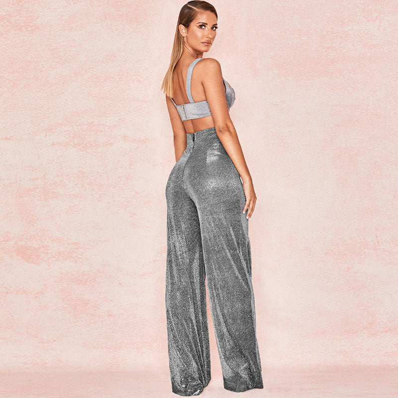 Retro Glänzende High Waist Lässige Hose Mit Weitem Bein Und Reißverschluss - Schwarz