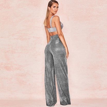 Retro Glänzende High Waist Lässige Hose Mit Weitem Bein Und Reißverschluss - Schwarz