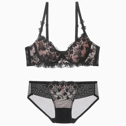Romantisches, Detailreiches, Floral Besticktes, Gepolstertes Spitzen-Bh-Set - Schwarz