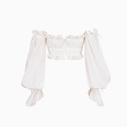 Schulterfreies, Langärmliges, Kurzes Crop-Top İn Weiß Mit Volant-Details