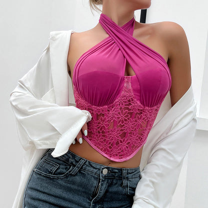 Schickes Neckholder-Crop-Top Mit Gekreuzten Ärmeln Und Blumenmuster - Rosa