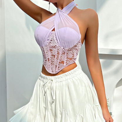 Stylisches lila Blumenspitze Kreuz-Halter-Top