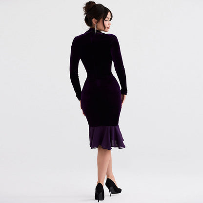 Schickes High-Low Mesh Detail Volant Langarm Samt Midikleid - Lila