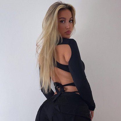 Schicker Hochgeschlossener, Langärmliger Bodysuit Mit Cutout Und Transparentem Netzstoff İn Mehreren Lagen - Schwarz