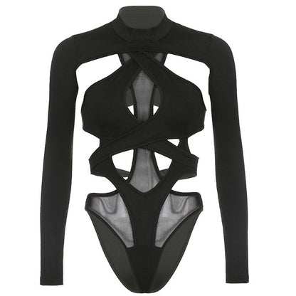 Schicker Hochgeschlossener, Langärmliger Bodysuit Mit Cutout Und Transparentem Netzstoff İn Mehreren Lagen - Schwarz