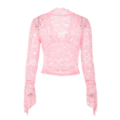 Attraktive Transparente Spitzenbluse Mit Tiefem V-Ausschnitt Und Ausgestellten Ärmeln - Rosa