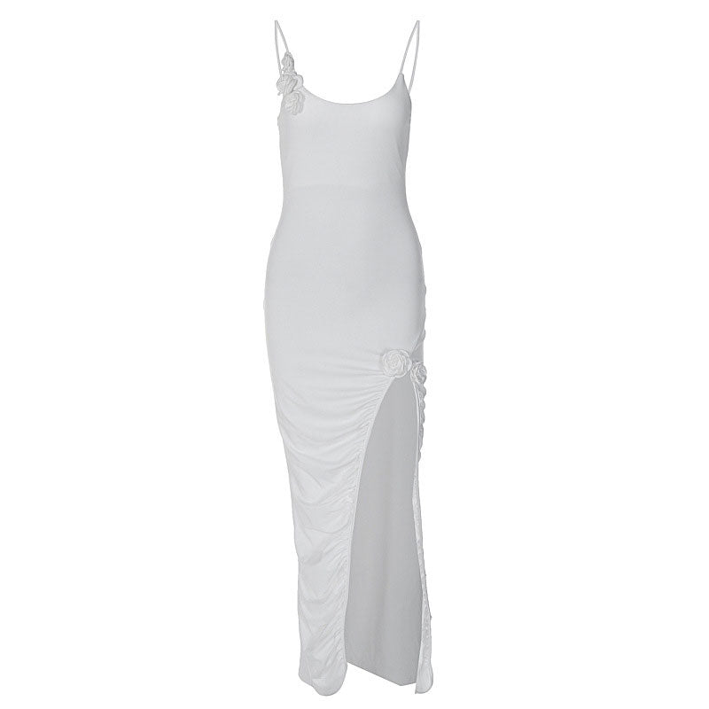 Stilvolles, Einfarbiges, Gerüschtes, Florales Maxikleid Mit Hohem Schlitz - Weiß