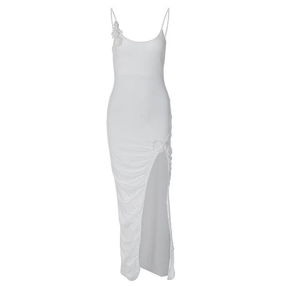 Stilvolles, Einfarbiges, Gerüschtes, Florales Maxikleid Mit Hohem Schlitz - Weiß