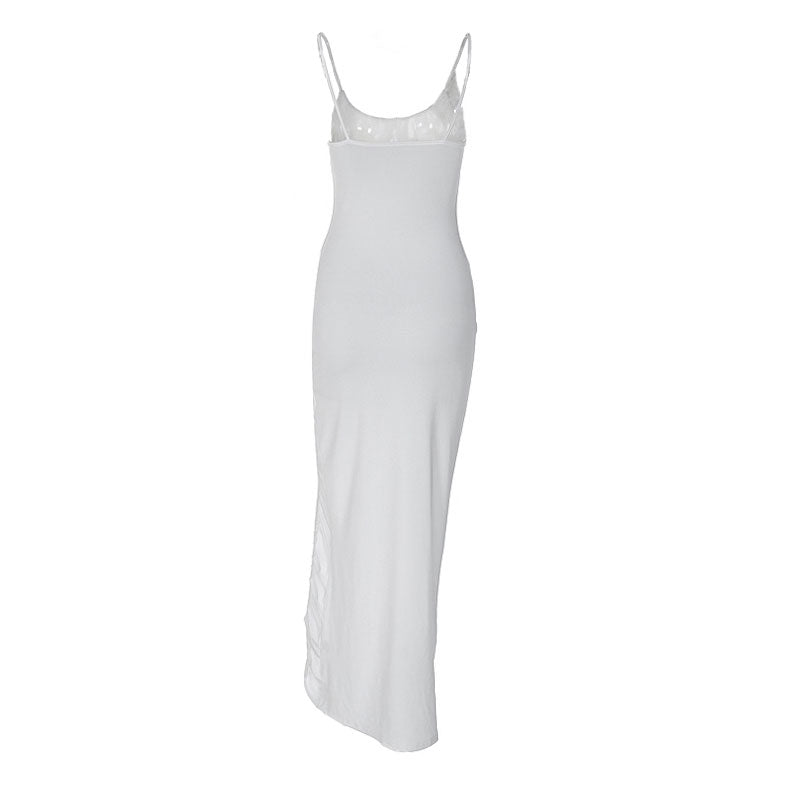Stilvolles, Einfarbiges, Gerüschtes, Florales Maxikleid Mit Hohem Schlitz - Weiß
