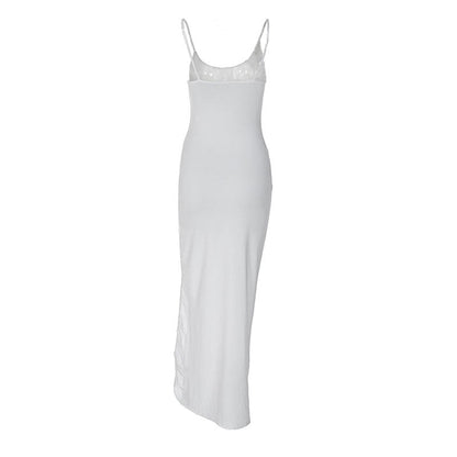 Stilvolles, Einfarbiges, Gerüschtes, Florales Maxikleid Mit Hohem Schlitz - Weiß