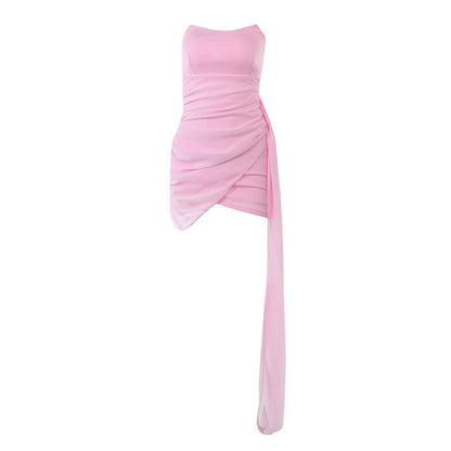 Schickes, Einfarbiges, Trägerloses, Figurbetontes Minikleid Mit Rüschen - Rosa Lila