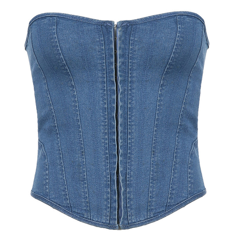 Ansprechendes Blau Herz-Ausschnitt Haken und Augen Detail Schnürung Rücken Jeans Korsett