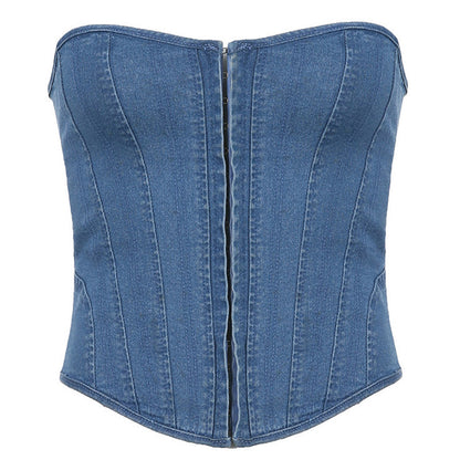 Ansprechendes Blau Herz-Ausschnitt Haken und Augen Detail Schnürung Rücken Jeans Korsett