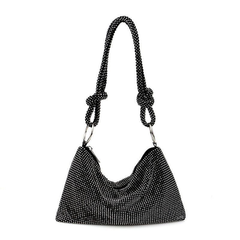 Schwarze Party-Schultertasche Mit Glänzendem, Kristallverziertem Knotendetail