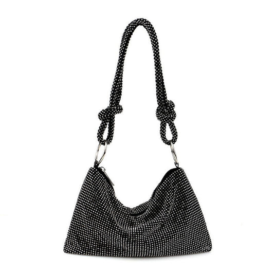 Schwarze Party-Schultertasche Mit Glänzendem, Kristallverziertem Knotendetail